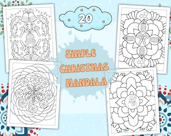May include: A collection of four black and white Christmas mandala coloring pages. The pages feature festive designs including bells, candy canes, candles, and a snowman. The text "Simple Christmas Mandala" is also visible.