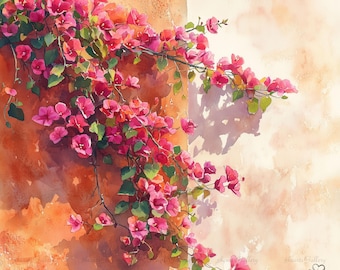 21 JPG Watercolor Bougainvillea Wall Flowers Clipart – Italian Summer Illustration, Mediterranean Clipart, Digital Download Wall Art