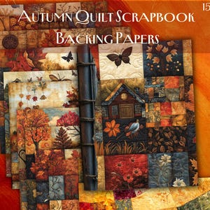 Pode incluir: Um álbum de recortes com 15 folhas de papel de apoio para acolchoar. Os papéis apresentam uma variedade de desenhos outonais, incluindo folhas, borboletas, casas e pássaros. O álbum é encadernado com uma encadernação de couro castanho.