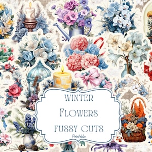 Winter Flowers Fussy Cuts, Vintage Fussy Cuts, Winter Clipart, Scrapbooking, Junk Journaling, Printable Stickers, Ephemera