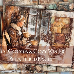 Páginas de diário de chocolate quente e lixo de inverno aconchegante, itens vintage, papel para scrapbook, Natal, imagens desgastadas, colagem, itens digitais, antigos