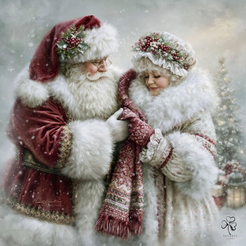 May include: Santa Claus in a red velvet coat with white fur trim and a matching hat with holly, standing beside a figure in a cream-colored coat with fur trim and a floral bonnet, both sharing a red patterned scarf in a snowy setting.