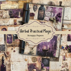 Herbal Practical Magic Scrappy papers, junkjournal, kruiden, magie, fantasie, paars, flessen, achtergrondpapier, botanisch, vintage ephemera