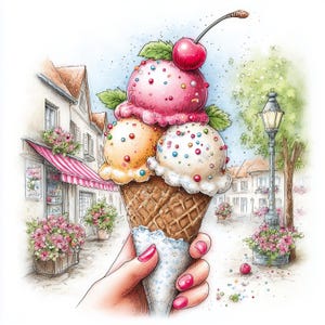 May include: Watercolor illustration of a triple scoop ice cream cone. The scoops are pink, yellow, and white, topped with sprinkles and a cherry. The cone is held in a hand with pink nail polish, set against a European street scene.