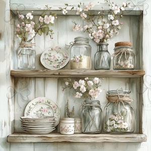 Puede incluir: Una estantería rústica de madera exhibe frascos de vidrio, platos y pequeños recipientes, todos adornados con delicados diseños florales rosas. Los frascos contienen flores y elementos decorativos. La estantería está decorada con ramas de flores rosas.