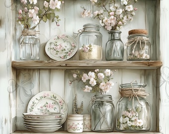 20 piatti floreali impilati su uno scaffale aperto Clipart / Cucina Shabby Chic / Acquerello stampabile / JPG di alta qualità / Cottagecore digitale