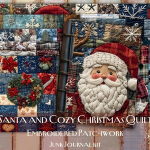 Puede incluir: Un edredón navideño de patchwork con detalles bordados. El edredón presenta un diseño de Papá Noel, copos de nieve y una corona. El texto en el edredón dice "Santa and Cozy Christmas Quilt" y "Embroidered Patchwork". El edredón está hecho de varias telas en tonos azules, rojos y marrones.