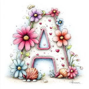 Può includere: Illustrazione ad acquerello della lettera "A" decorata con fiori colorati, conchiglie e piccoli cuori. La lettera è delineata in rosa e riempita con uno sfondo bianco strutturato. I fiori sono rosa, viola e blu.
