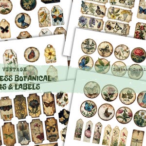 110+ Botanical Tags & Labels, Printable Junk Journal, Flower Collage Sheet, Butterfly Ephemera, Floral Insects, Scrapbook, Paper Craft
