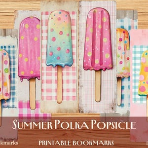 Könnte beinhalten: Zehn druckbare Lesezeichen mit bunten Eis am Stiel mit Punkten auf einem karierten Hintergrund. Die Lesezeichen sind 300 dpi und zeigen "Summer Polka Popsicle" und "Printable Bookmarks".