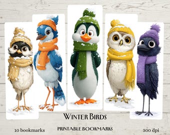 Christmas Bookmarks Printable Bookmark Sheets, Digital Downloads 10 PNG Bookmarks, Kids Craft, Paper Craft Winter Birds Bookmarks Ephemera