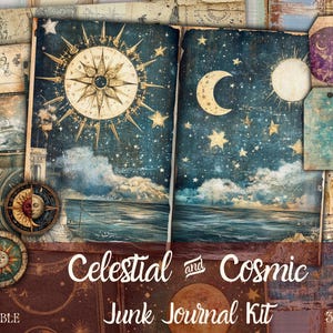 May include: A printable junk journal kit with a celestial and cosmic theme. The kit includes images of stars, moons, and celestial bodies in shades of blue, gold, and white. The text "Celestial and Cosmic Junk Journal Kit" is printed on the front of the kit.