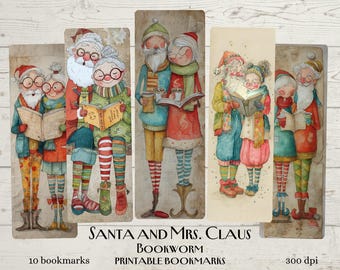 May include: A collection of ten printable bookmarks with illustrations of Santa and Mrs. Claus. The images show the couple reading books, dressed in colourful outfits, and holding mugs. The text reads "SANTA AND MRS. CLAUS BOOKWORM PRINTABLE BOOKMARKS".
