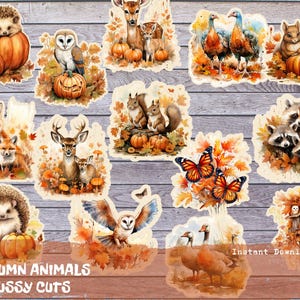 Coupe délicate, animaux d'automne, kit de journal indésirable, papier de scrapbooking numérique, impression d'automne, feuille de collage, éphémères vintage, cartes citrouille