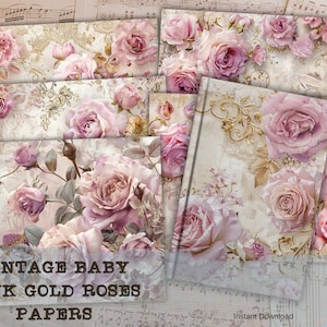 Mooie achtergrondpagina's, vintage babygouden roségouden rozen thema digitale printpapieren logboekkaarten Junk journal Afdrukbare roze bloemen