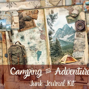 Camping junk journal kit, digitale plakboek kit, afdrukbaar reizen, wandelen collageblad, vintage kortstondige, zomer natuur avontuur