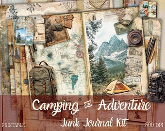 May include: Printable digital paper pack for junk journaling. The pack features a vintage aesthetic with images of mountains, a tent, a backpack, and maps. The text "Camping and Adventure Junk Journal Kit" is included in the image.