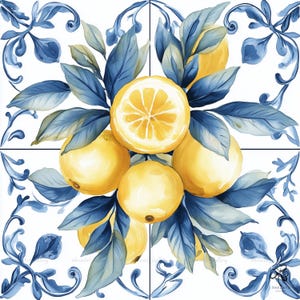 Op de afbeelding: Waterverfillustratie van gele citroenen en blauwe bladeren op een witte achtergrond met blauwe bloemen tegelaccenten. Eén citroen is doorgesneden en toont de segmenten. De bladeren zijn diepblauw.
