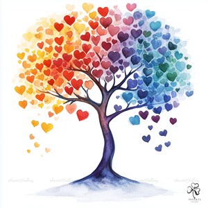 20 imágenes JPG de árbol con corazón de arcoíris en acuarela: imágenes prediseñadas del Mes del Orgullo, temporada de verano, festival del Orgullo, arte de la diversidad, uso comercial.