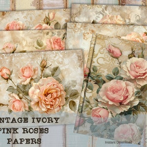 Shabby Chic Scrappy Papers, Junk Journal, Pages, Ivory Pink Roses, Spring, Floral, Backing, Craft, Printable, Digital Download, Vintage