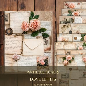 Carta de amor de rosas antigas, papéis de diário de sucata, papéis para impressão, diário digital, papel de scrapbook, fundo de papel, amor, dia dos namorados