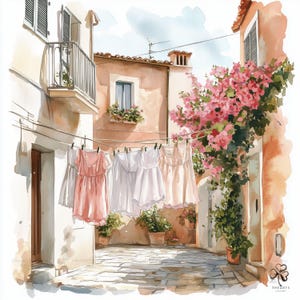 Clipart bâtiments suspendus aquarelle blanchisserie JPG 22 - Illustration de l'été, Clipart méditerranéen, art mural en téléchargement numérique, Junk Journal