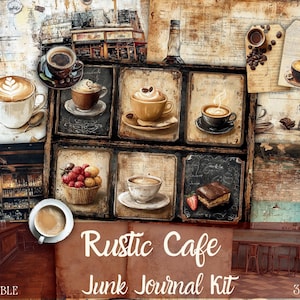 May include: A digital printable junk journal kit with a rustic cafe theme. The kit includes images of coffee cups, pastries, and a cafe interior. The text "Rustic Cafe Junk Journal Kit" is printed on the image.