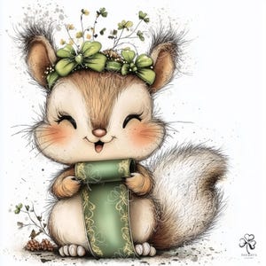 May include: A charming cartoon squirrel illustration with a green shamrock crown and a matching scroll. The squirrel has a happy expression, rosy cheeks, and a fluffy tail. The scroll is green with a gold decorative border. The Arts Gallery logo is in the bottom right.