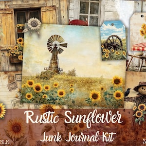 Rustic Sunflower Junk Journal Kit | Countryside Shabby Chic Summer Junk Journal Pages | Printable Paper | Decoupage | Backgrounds | Crafts