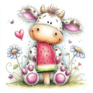 Può includere: Illustrazione di una mucca dei cartoni animati che tiene in mano un ghiacciolo all'anguria. La mucca è bianca con macchie marroni, orecchie e zampe rosa, ed è circondata da fiori e cuori. Il ghiacciolo è rosso con semi neri.