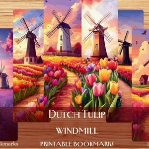 10 segnalibri stampabili con mulino a vento di tulipani olandesi, set di segnalibri JPG con download digitale, regalo per amanti dei libri, segnalibro floreale, segnalibro carino, primavera