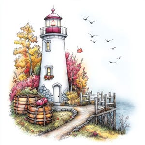 Puede incluir: Un faro blanco con una linterna roja se alza junto a un muelle de madera y dos grandes barriles de madera. La escena presenta árboles con colores otoñales en tonos amarillo, naranja y rosa, con varios pájaros volando en el cielo sobre el agua.
