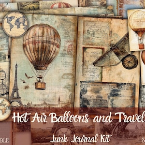Heteluchtballonnen & reizen ongewenste dagboek Kit collage digitale download vintage ephemera afdrukbaar plakboek Shabby chique reizen Steampunk