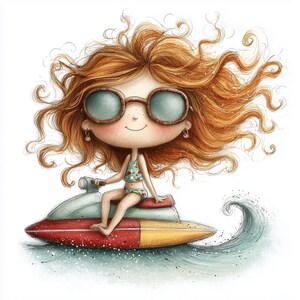 May include: Illustration of a cartoon character with red hair and large sunglasses, wearing a floral swimsuit, riding a red, yellow, and gray jet ski on water. The character is smiling, and a wave is visible.
