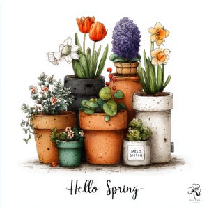 May include: Watercolor illustration of potted spring flowers, including tulips, daffodils, and hyacinths. The pots are in various sizes and colors, with the text "Hello Spring" at the bottom.