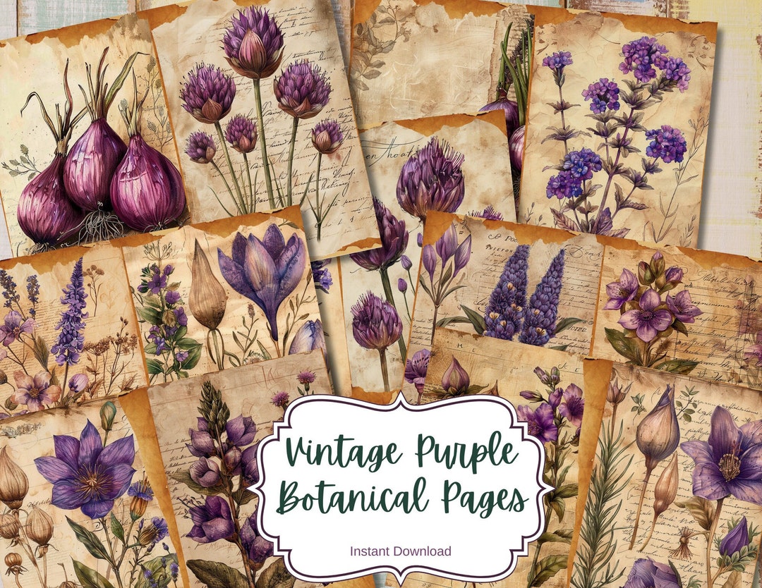 Vintage Botanical Junk Journal Digital Kit, Purple, Floral Printable ...