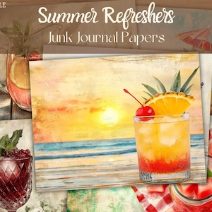Papeles de diario basura, bebidas refrescantes de verano, paquete de papel digital, bebida de frutas, papel vintage de verano, páginas de diario de verano, imprimibles de verano