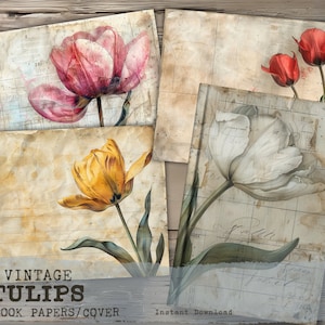 Vintage Tulpen Junk Journal Papers Papers, Vintage Junk Journal Pages, Flower Scrapbooking Papers, Collage Sheets, Shabby Old, versleten papieren