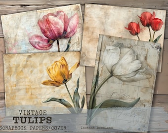 Papiers vintage tulipes indésirables, pages de journal indésirable vintage, papiers de scrapbooking fleurs, feuilles de collage, vieux papiers usés minables