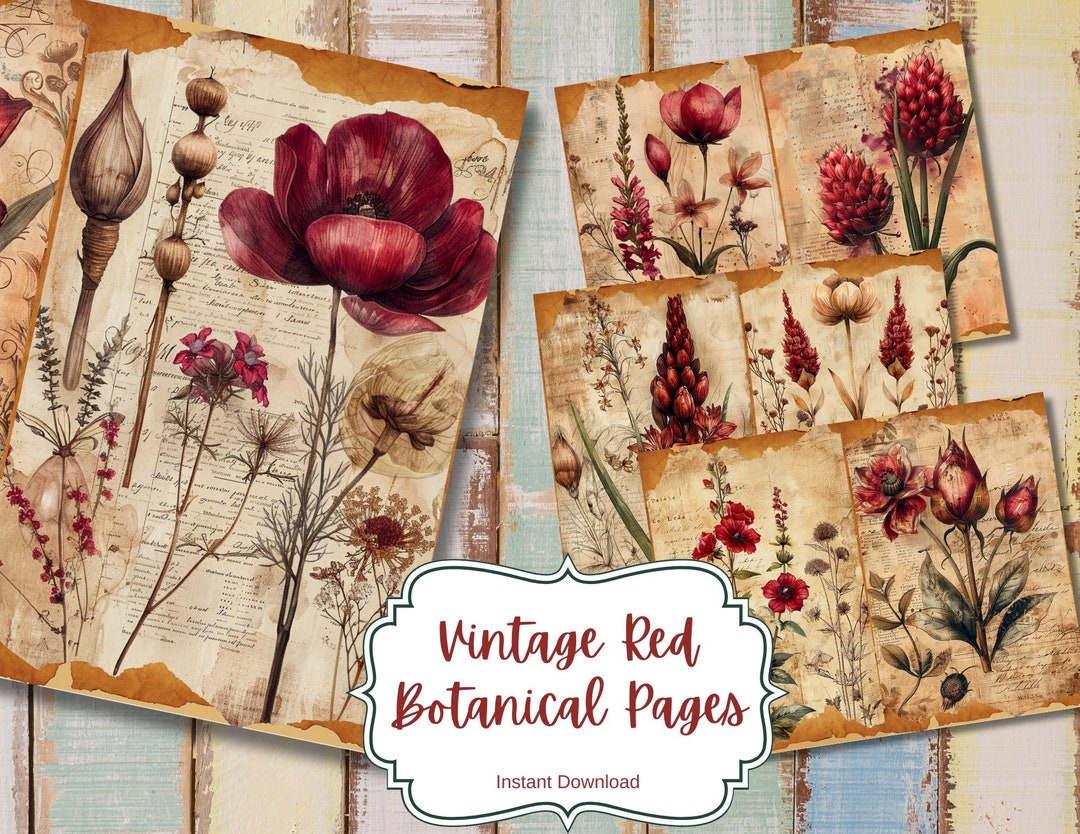 Vintage Botanical Junk Journal Digital Kit, Red Herbs, Floral Printable ...