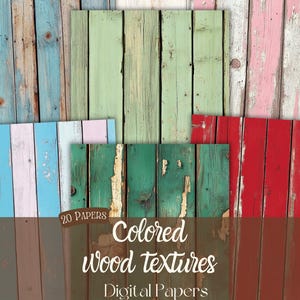 Papeles digitales con texturas de madera de colores, kit de álbum de recortes, imprimible de primavera, hoja de collage, página de diario basura, fondo de efímera desgastada