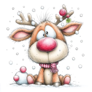 May include: A cartoon illustration of a brown reindeer with a large, bright red nose, wearing a red and white striped scarf. The reindeer has antlers decorated with a red berry sprig and is sitting in falling snow with a snowball nearby.