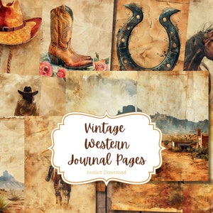 Pagine stampabili di diario Western Junk con acquerello, vintage, kit di diario Junk Cowboy, carta per diario Junk Cowgirl, foglio di collage digitale