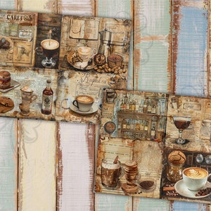 Barista and Coffee junk journal pages, bar, Vintage, scrapbook paper, vintage bar, weathered images, collage, digital ephemera, old shop