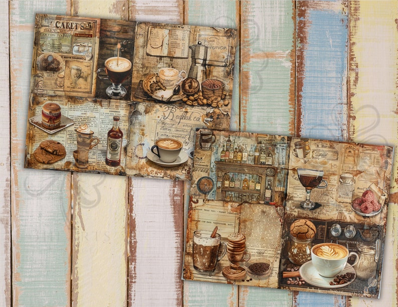 Barista and Coffee junk journal pages, bar, Vintage, scrapbook paper, vintage bar, weathered images, collage, digital ephemera, old shop