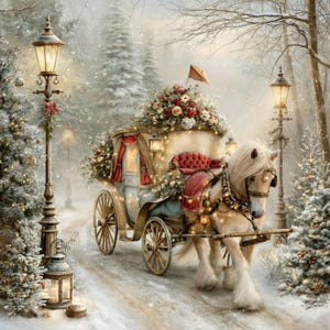 May include: A white horse pulls an ornate carriage decorated with red and white flowers through a snowy forest. Two tall street lamps illuminate the path, while snow-covered pine trees surround the scene. The carriage features red velvet seating.