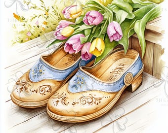 20 Spring Clogs Tulips Clipart | Cottagecore Tulip Illustration | Printable Soft Watercolor clipart | High Quality JPGs | Rustic Paper craft