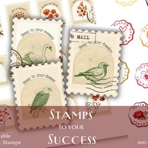 Kit de journal indésirable, Timbres pour citations motivantes, Cartes postales à imprimer, Cachets de la poste à votre succès, Timbres-poste, Faux timbres, Éphémères numériques