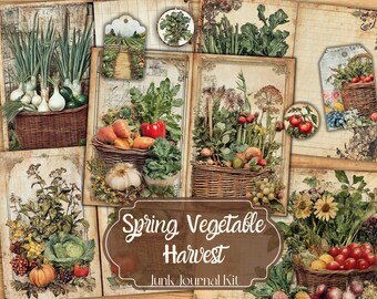 Spring Vegetable Harvest, Rustic Junk Journal Kit, Journal Pages, Papers, Ephemera, Tags, Vintage Printables, Scrapbook Kit,Digital Download