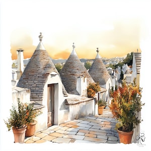 Peut inclure: Peinture à l'aquarelle d'un village européen avec des maisons traditionnelles à toit conique. L'image présente une rue pavée, des plantes en pot et un ciel de coucher de soleil chaleureux. Le logo The Arts Gallery est en bas à droite.